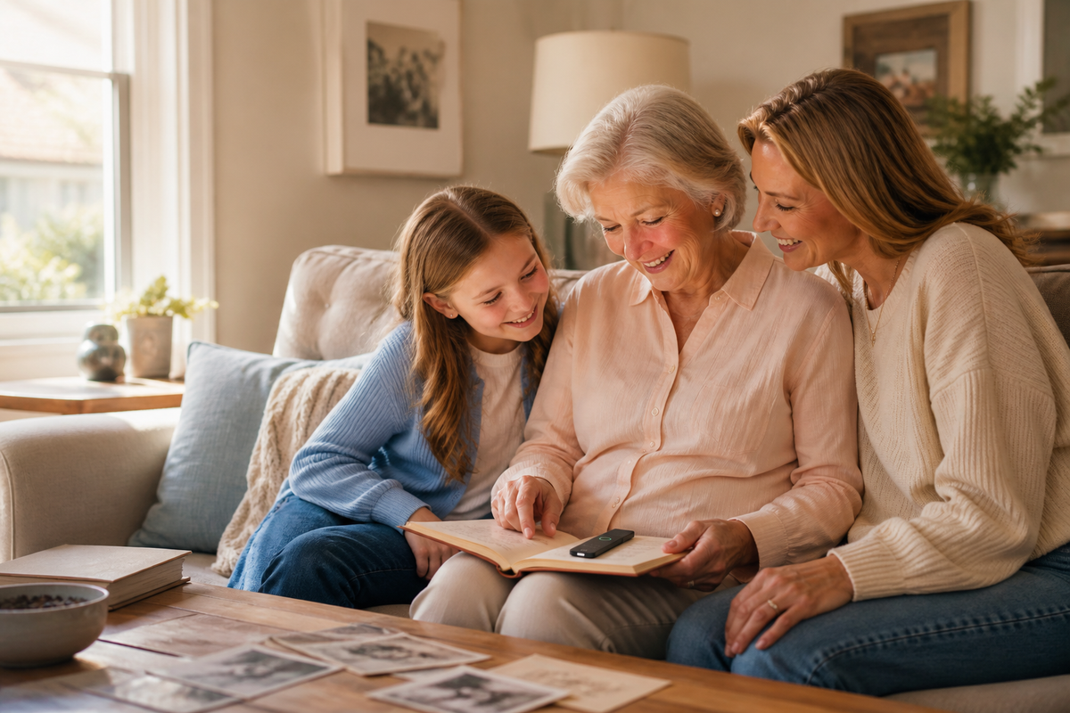 Three women reading and sharing stories together on a sofa