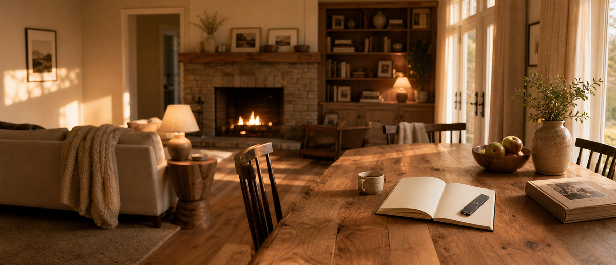 A cozy, sunlit living room where an open journal rests on a wooden table—ready for a conversation