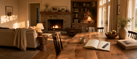 A cozy, sunlit living room where an open journal rests on a wooden table—ready for a conversation