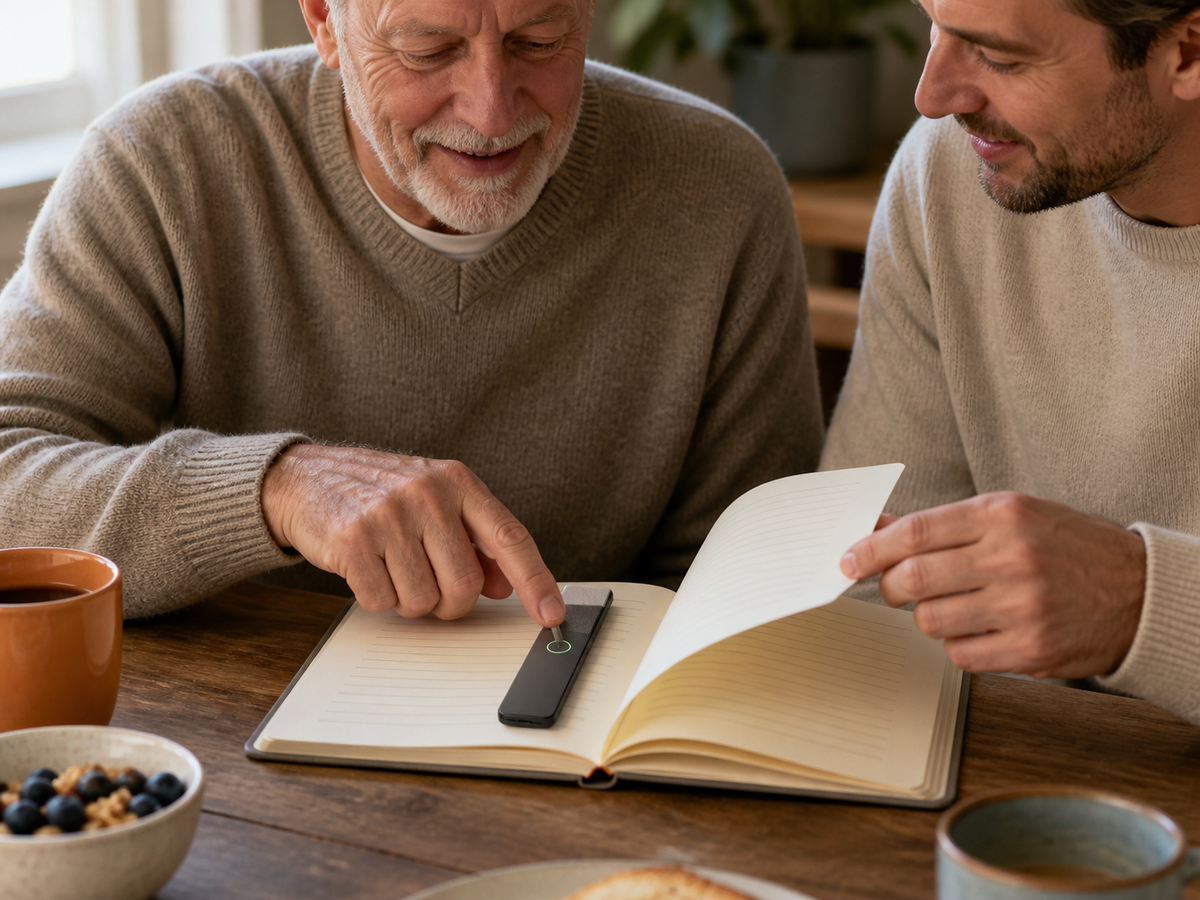 Two men at a wooden table examining a voice recorder together—capturing a story in the making