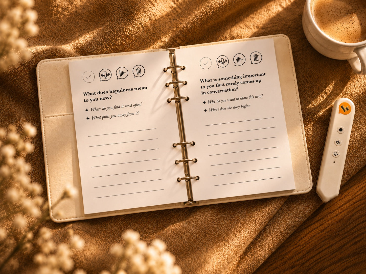 An open CoHear journal showing a guided prompt page beside a cream voice recorder and a cup of coffee on a warm fabric surface